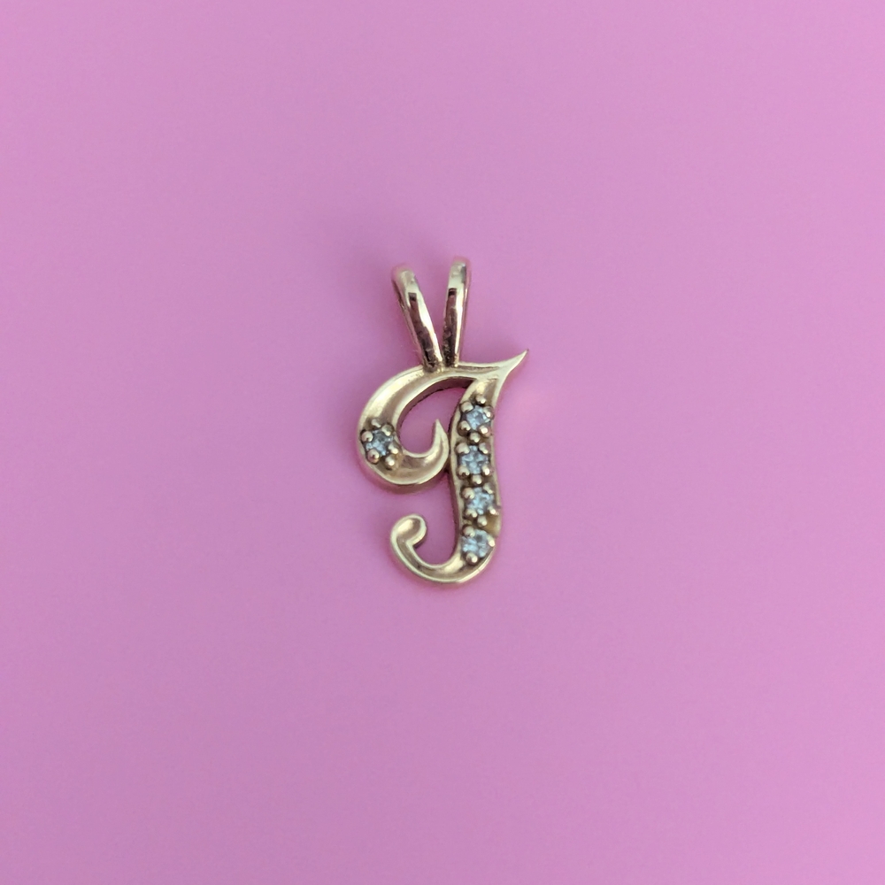 14kt Gold "G" Or "J"  Initial Pendant with 5 Diamonds
